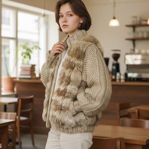 Mohair genuine fox Fur Striped Teddy Jacket  Knit Sections High neck Apres Ski